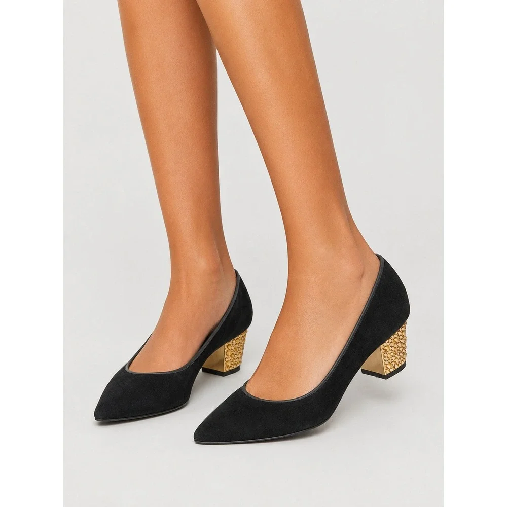 Giuseppe Zanotti Black Suede Studded Crystal Block Heel Pumps Pointed Toe 37 7